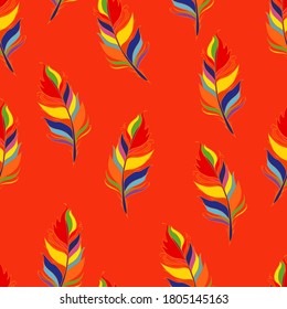 Huella de plumas brillante. Fondo rojo. Patrón veraniego sin foco. Ilustración del vector colorido