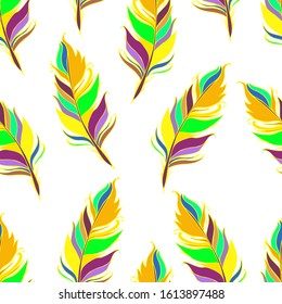 Bright feather print. White background. Summer Seamless pattern. Colorful Vector illustration. 