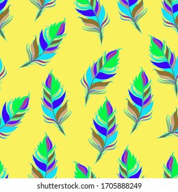 Impresión de pluma brillante. Fondo amarillo. Patrón veraniego sin problemas. Ilustración de Vector colorido. 