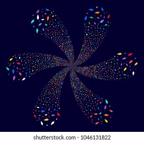 Bright Feather spiral flower with six petals on a dark background. Impressive twist combined from scattered feather symbols.