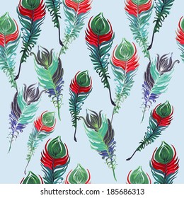 Bright feathers on the blue background