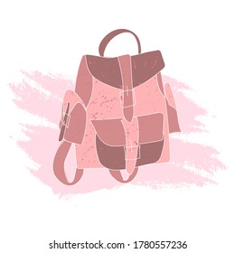 Bright female backpack in a flat style. Stylish, trendy, modern hand-drawn backpack with straps with buckles. Back to school.With one front pocket and two side pockets. vector illustration isolated on white