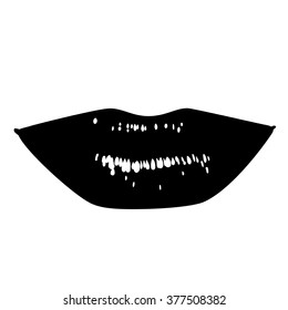 Bright female lips. Simple lines. Sketch. Black and white.