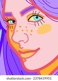 A bright female portrait in the style of pop art. A girl's face with a pleasant smile
