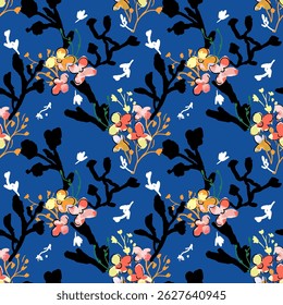 Bright feminine hand drawn seamless pattern with wildflowers on the field. Perfect for textiles, wallpaper, stationery, and nature-inspired projects.