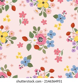 Bright feminine meadow flower seamless pattern, colorful hand 
drawn vector digital paper background for fabric, textile, 
stationery, wallpaper.
