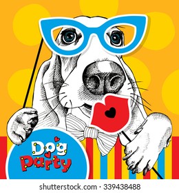 Bright Festival poster. Portrait of a dog Basset Hound with photo booth props. Vector illustration.