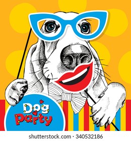 Bright Festival poster. Portrait of a dog Basset Hound with photo booth props. Vector illustration.