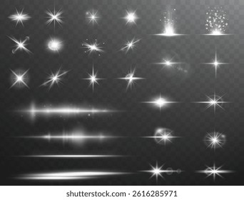Bright and festive abstract light effect featuring sparkles, glow, sunbeams, and flare. Ideal for party, sunrise, and magical designs. Vector wallpaper with dynamic motion and radiance