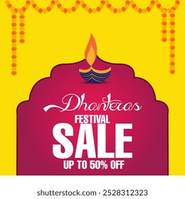 A bright festive advertisement for a Dhanteras sale Dhanteras FESTIVAL SALE UP TO 50 percentage is written in bold within a red arched frame with marigold garlands and a central diya






