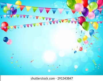 Bright festive background with balloons, flags and confetti for advertising, leaflet, cards, invitation and so on.