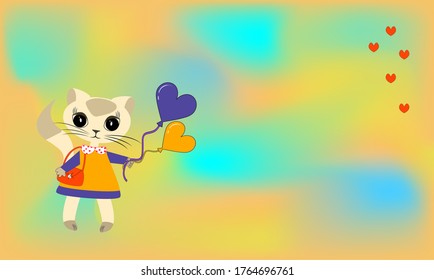 Bright festive background with cat and balls.
Holiday card.
Cfrtoon.
Vector.