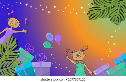 Bright festive background with cheerful and happy girls and gifts. Positive childhood emotions. Decorative vector illustration with space for text.