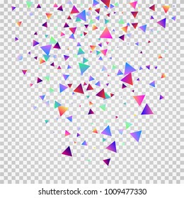 Bright festive background with confetti of geometric elements in a Memphis style. Colored postcard.