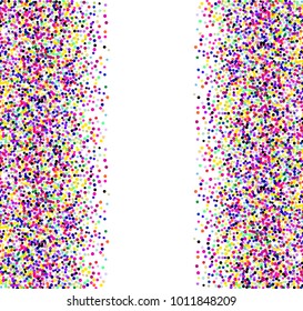 Bright festive background with confetti of geometric elements in a Memphis style. Colored postcard.