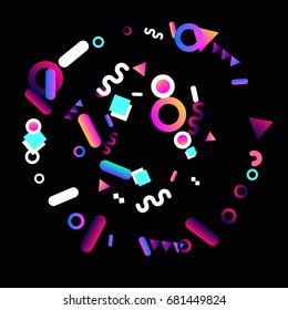 Bright festive background with confetti of geometric elements in a Memphis style. Colored postcard.