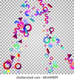 Bright festive background with confetti of geometric elements in a Memphis style. Vector design on a transparent background.