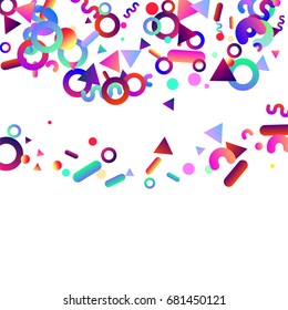 Bright festive background with confetti of geometric elements in a Memphis style. Colored postcard.