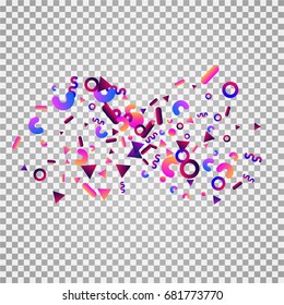 Bright festive background with confetti of geometric elements in a Memphis style. Vector design on a transparent background.