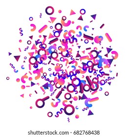 Bright festive background with confetti of geometric elements in a Memphis style. Colored postcard.
