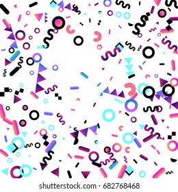 Bright festive background with confetti of geometric elements in a Memphis style. Colored postcard.