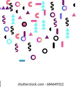 Bright festive background with confetti of geometric elements in a Memphis style. Colored postcard.