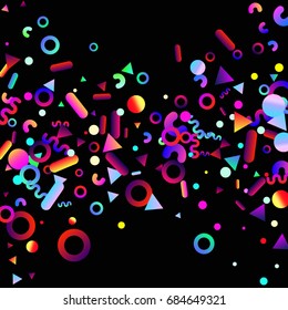 Bright festive background with confetti of geometric elements in a Memphis style. Colored postcard.