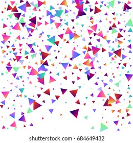 Bright festive background with confetti of geometric elements in a Memphis style. Colored postcard.