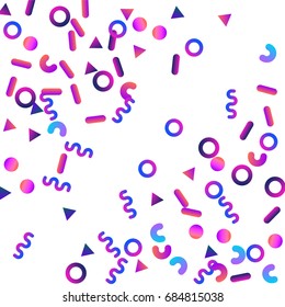 Bright festive background with confetti of geometric elements in a Memphis style. Colored postcard.