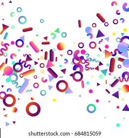 Bright festive background with confetti of geometric elements in a Memphis style. Colored postcard.