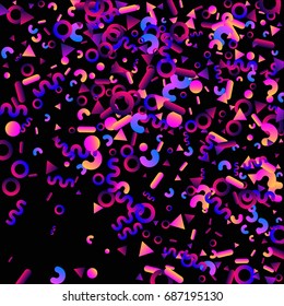 Bright festive background with confetti of geometric elements in a Memphis style. Colored postcard.