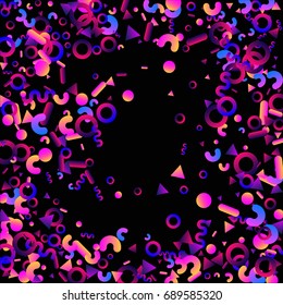 Bright festive background with confetti of geometric elements in a Memphis style. Colored postcard.