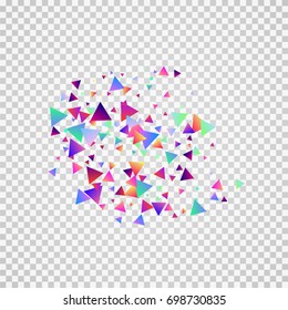 Bright festive background with confetti of geometric elements in a Memphis style. Colored postcard.