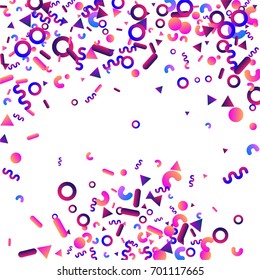 Bright festive background with confetti of geometric elements in a Memphis style. Colored postcard.
