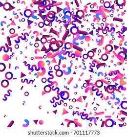Bright festive background with confetti of geometric elements in a Memphis style. Colored postcard.