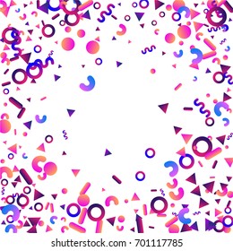 Bright festive background with confetti of geometric elements in a Memphis style. Colored postcard.