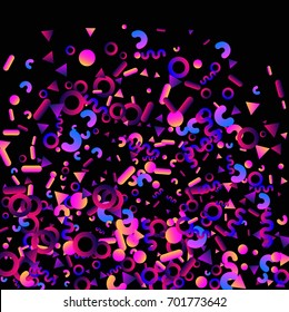 Bright festive background with confetti of geometric elements. Colored postcard.