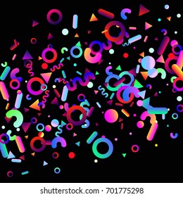 Bright festive background with confetti of geometric elements. Colored postcard.
