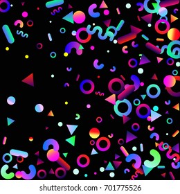 Bright festive background with confetti of geometric elements. Colored postcard.