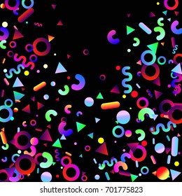 Bright festive background with confetti of geometric elements. Colored postcard.