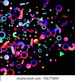Bright festive background with confetti of geometric elements. Colored postcard.