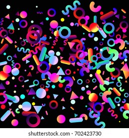 Bright festive background with confetti of geometric elements in a Memphis style. Colored postcard.