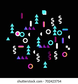 Bright festive background with confetti of geometric elements in a Memphis style. Colored postcard.