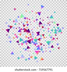 Bright festive background with confetti of geometric elements in a Memphis style. Colored postcard.