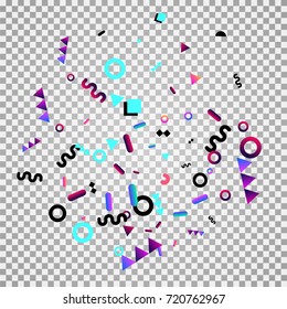 Bright festive background with confetti of geometric elements in a Memphis style. Colored postcard.