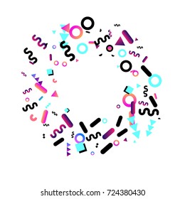 Bright festive background with confetti of geometric elements in a Memphis style. Colored postcard.