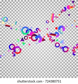 Bright festive background with confetti of geometric elements in a Memphis style. Colored postcard.
