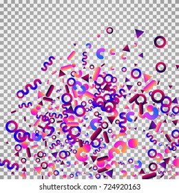 Bright festive background with confetti of geometric elements in a Memphis style. Colored postcard.