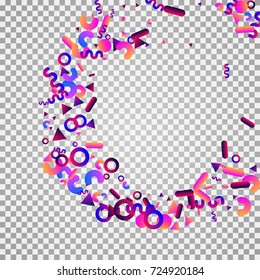 Bright festive background with confetti of geometric elements in a Memphis style. Colored postcard.