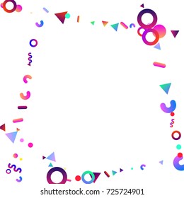 Bright festive background with confetti of geometric elements in a Memphis style. Colored postcard.